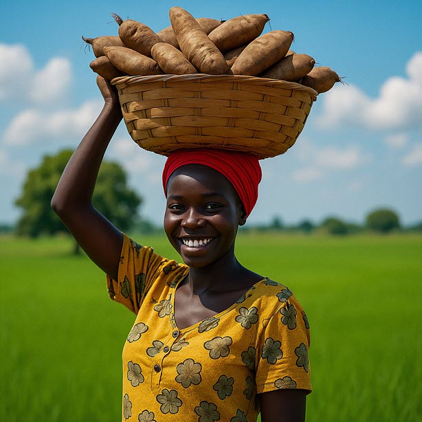 A woman standing in a field with a basket of yams on her head