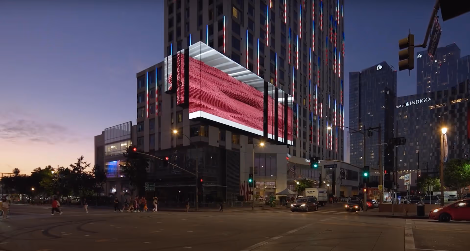 Anamorphic 3D animation on a downtown LA LED billboard showing a transforming brand logo emerging from a digital environment.
