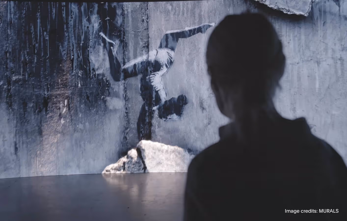 Silhouette admires Banksy artwork on shattered wall in Murals Kyiv war site display.