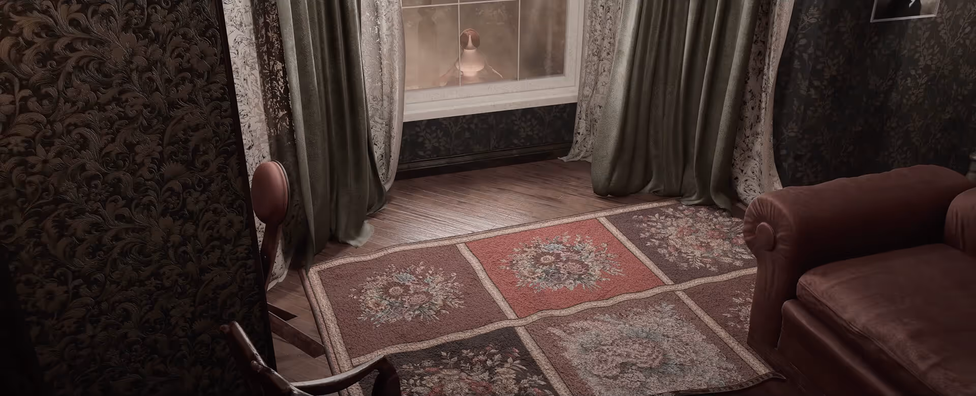 Animated girl with red hair near a window with green curtains and patterned rug