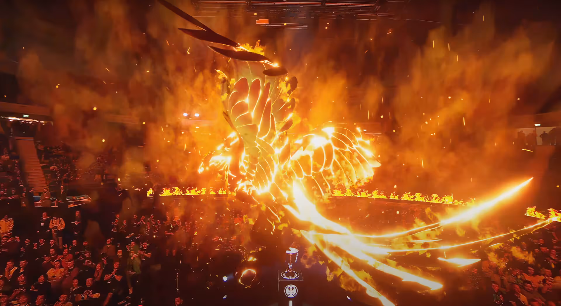 Dota 2 Major AR stage featuring a fiery phoenix animation.