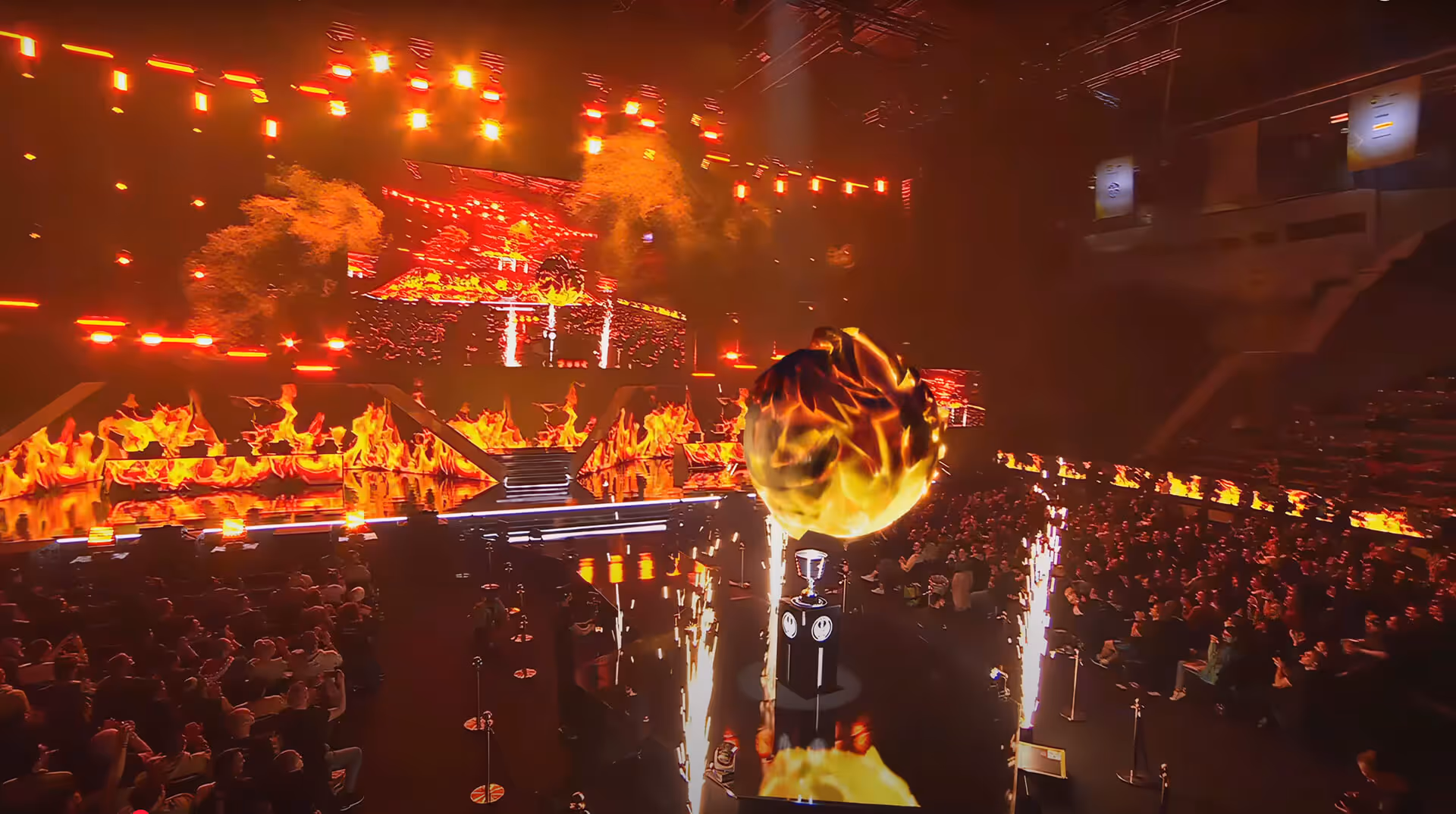 Dota 2 Major AR stage with flaming characters during live broadcast.