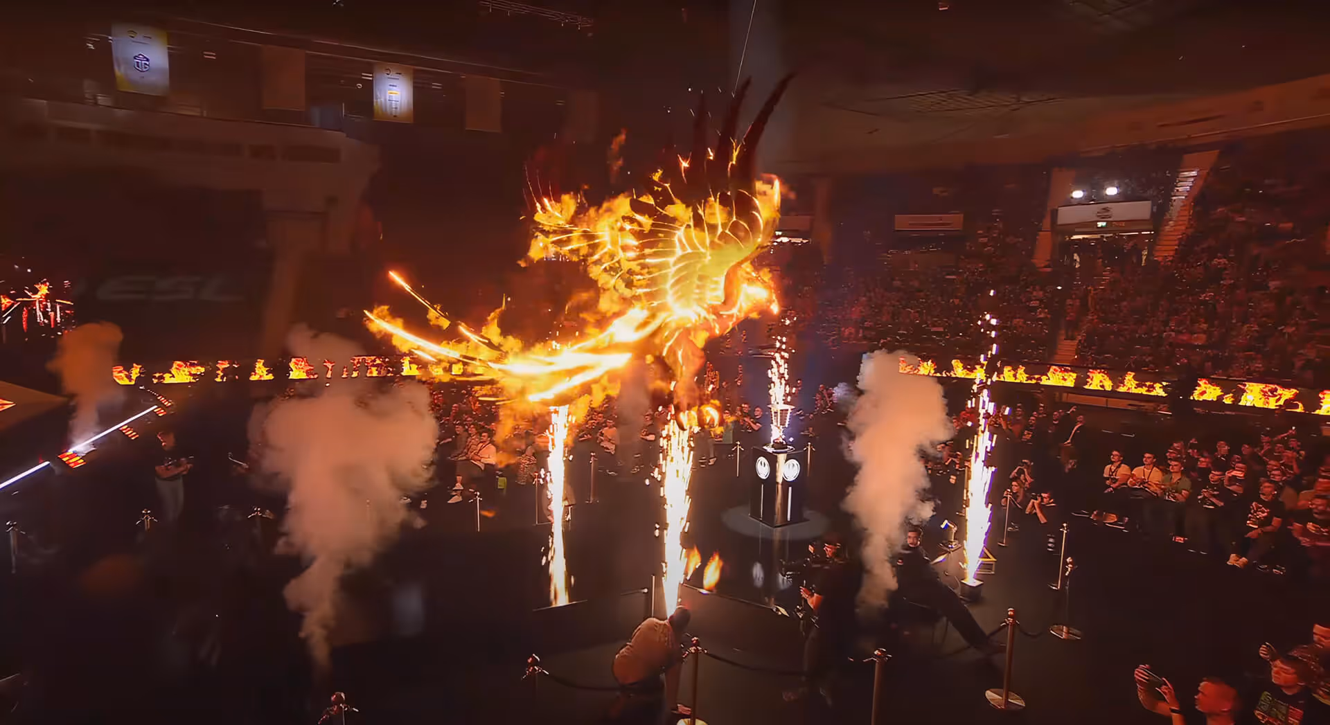 Dota 2 Major AR stage with dynamic fire and smoke effects in Unreal Engine.