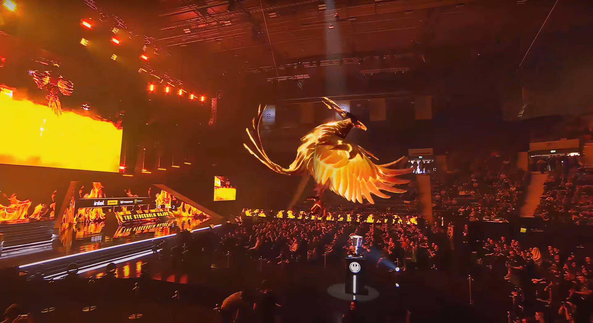 Dota 2 Major AR phoenix animation with fire and stylized effects.