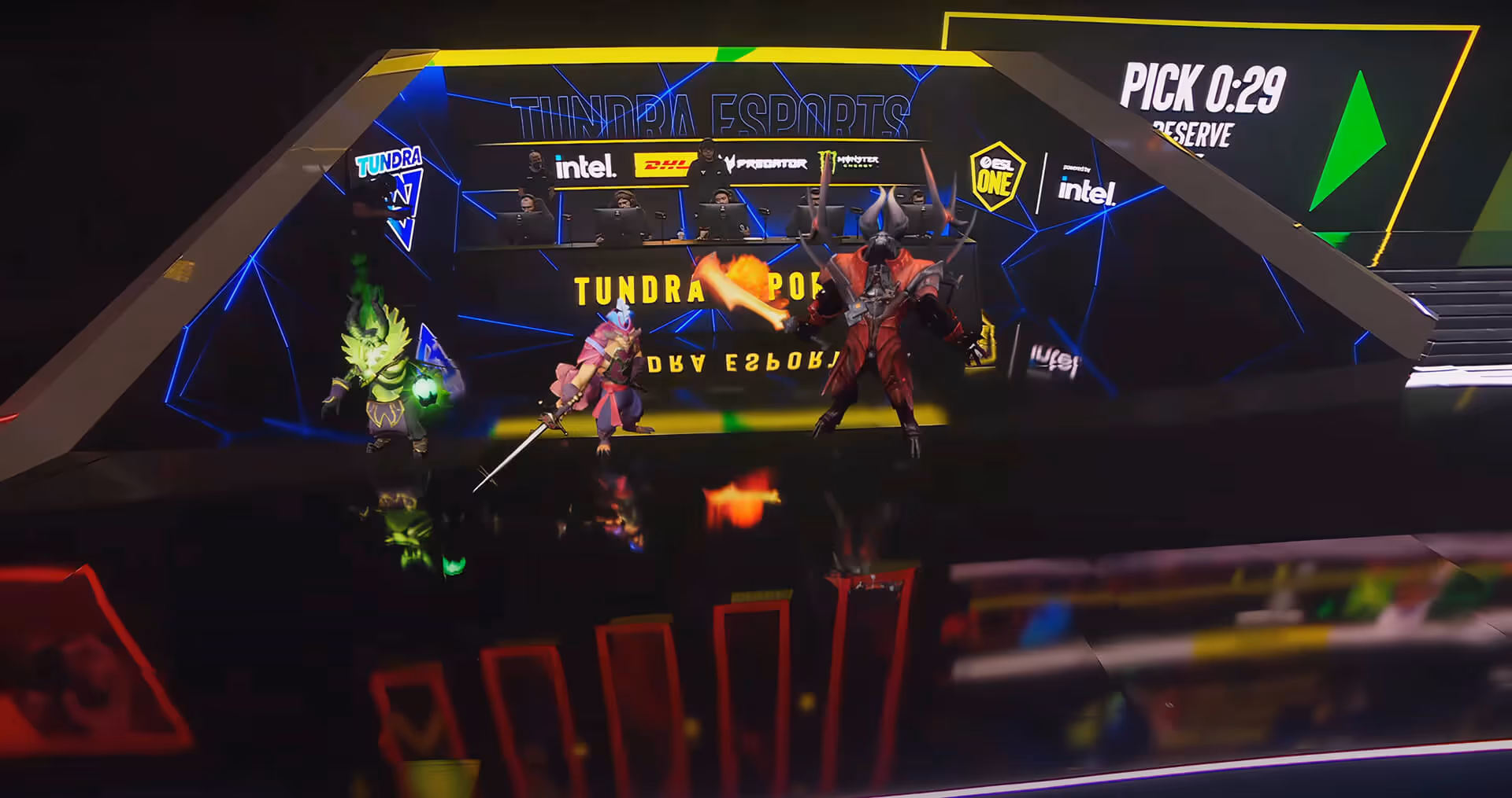 Dota 2 Major AR stage with Tundra Esports and game characters in Unreal Engine visuals.