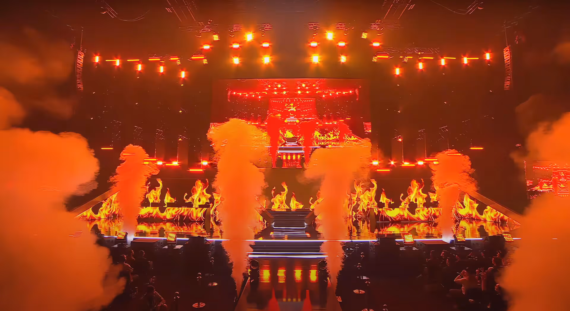 Dota 2 Major AR crowd scene with animated fire effects and game assets.