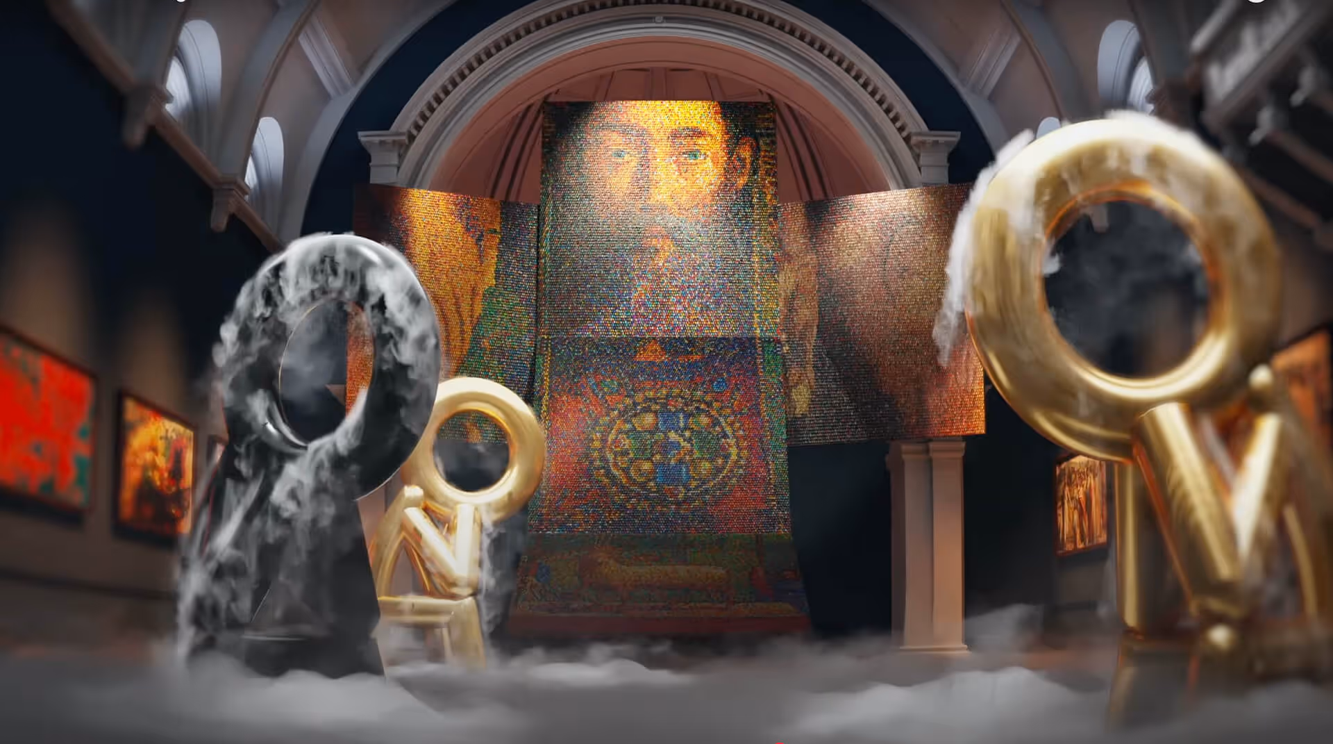Immersive digital artwork installation with large mosaic portrait and golden circular sculptures surrounded by mist