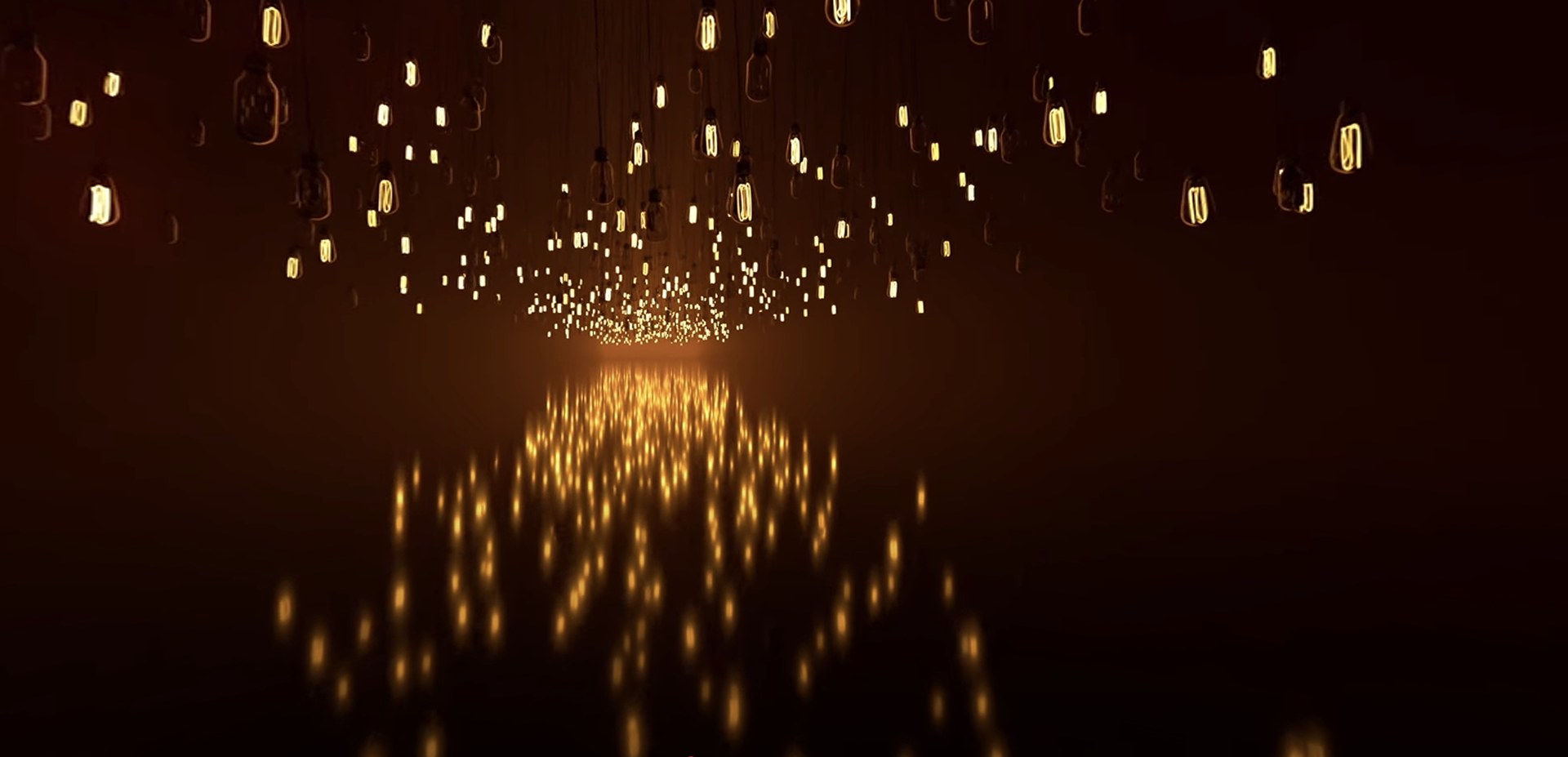 Hundreds of glowing light bulbs reflected on a dark floor in a full-CG VR scene
