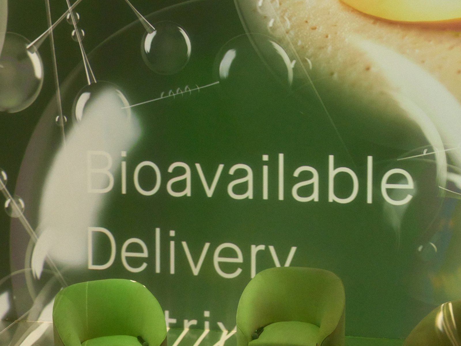 Projected molecules and the words Bioavailable Delivery behind the panel chairs