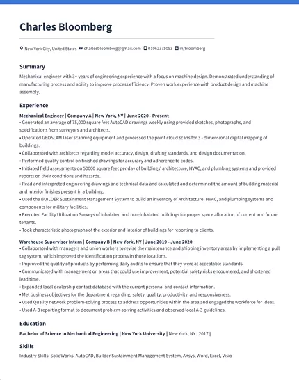 Resume of Charles Bloomberg, mechanical engineer with experience in machine design and project management in New York, listing summary, experience, education, and skills.