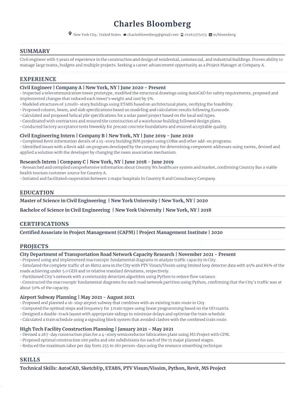 Resume of Charles Bloomberg, a civil engineer with experience in construction design, project management, and certifications in project management.