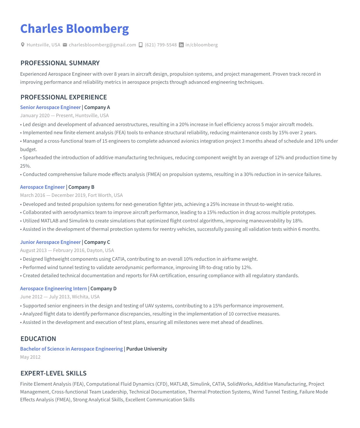 Resume of Charles Bloomberg, an aerospace engineer, detailing professional summary, experience, education, and expert-level skills.