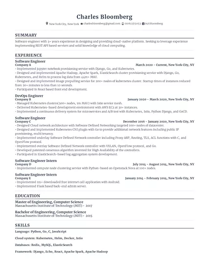 Resume of Charles Bloomberg detailing his summary, experience as a software engineer, education, and skills including Python, Go, Kubernetes, and cloud technologies.