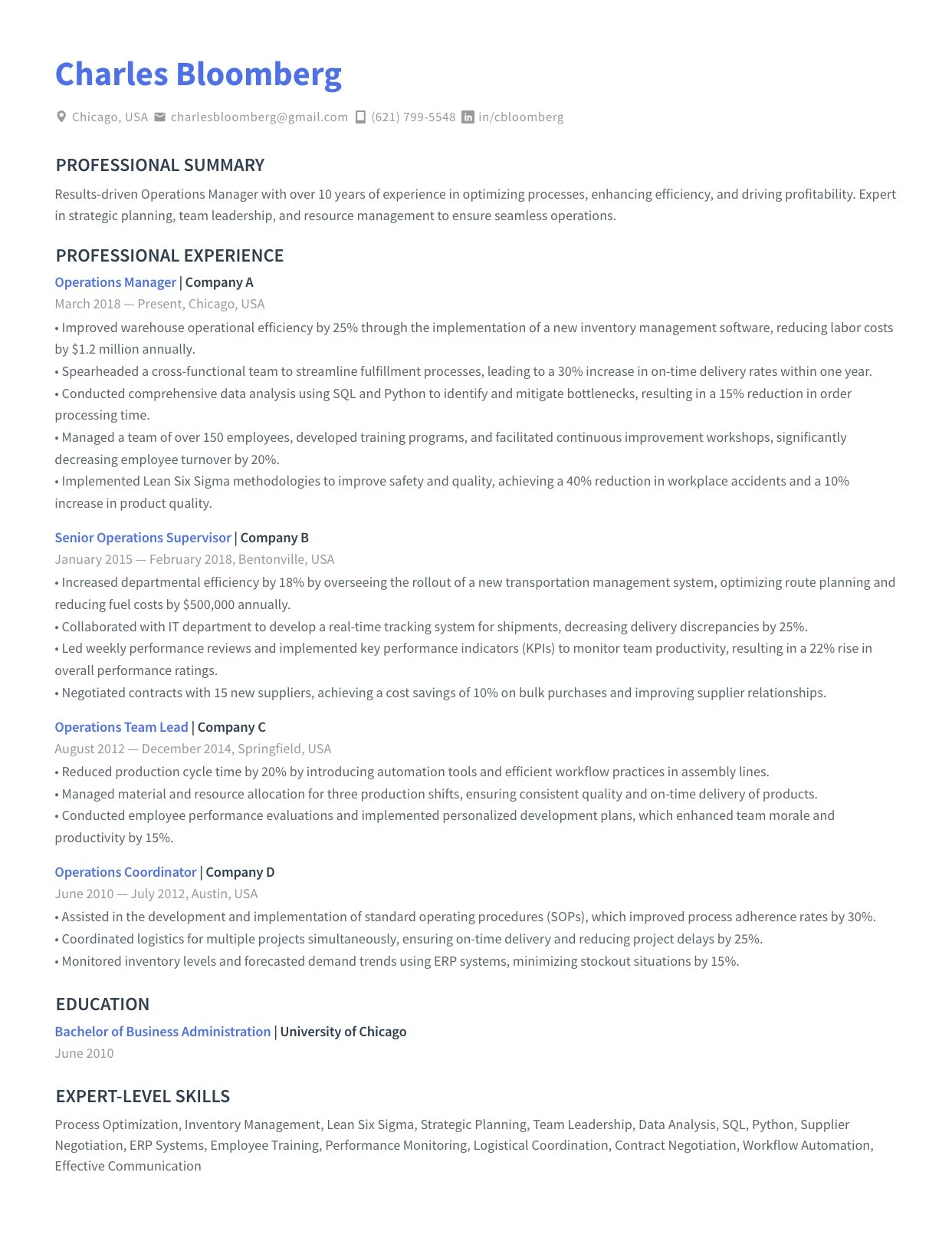 Resume of Charles Bloomberg, an Operations Manager with over 10 years of experience, detailing professional summary, work history at multiple companies, education from the University of Chicago, and expert-level skills including process optimization, inventory management, Lean Six Sigma, and data analysis.