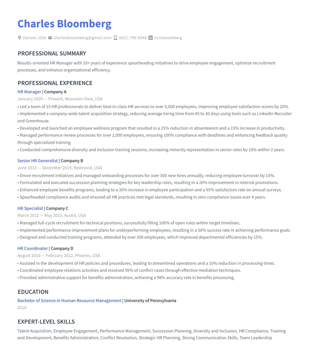 Resume of Charles Bloomberg, HR Manager from Denver, USA, detailing professional summary, experience at multiple companies, education, and expert-level skills in HR management.