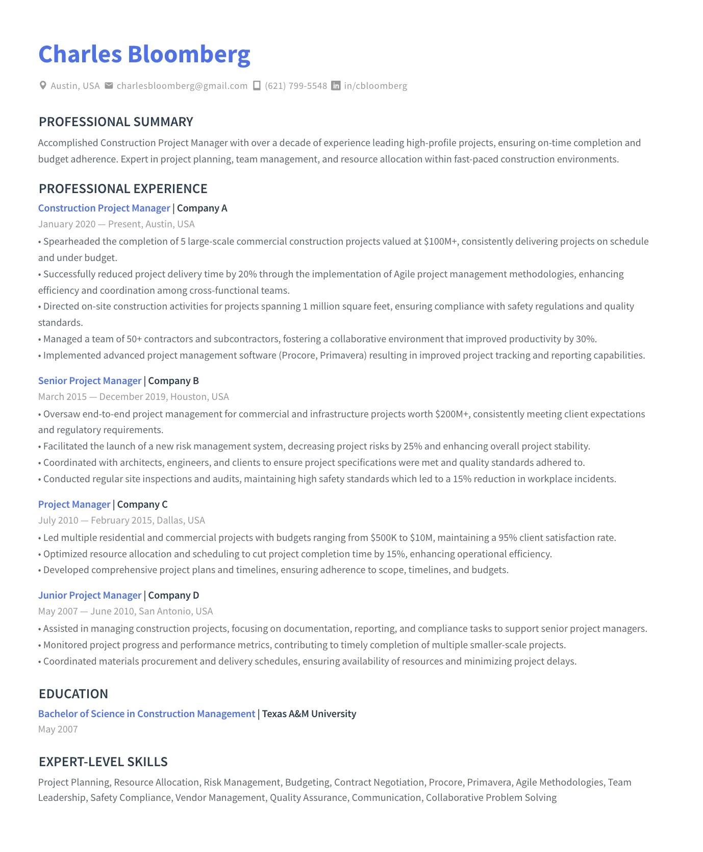 Resume of Charles Bloomberg, Construction Project Manager from Austin, USA, detailing professional summary, experience in multiple companies, education from Texas A&M University, and expert-level skills.