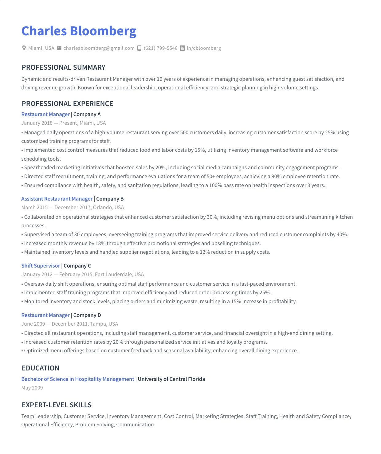Resume of Charles Bloomberg, a restaurant manager with over 10 years of experience, detailing professional summary, work experience, education, and expert-level skills.