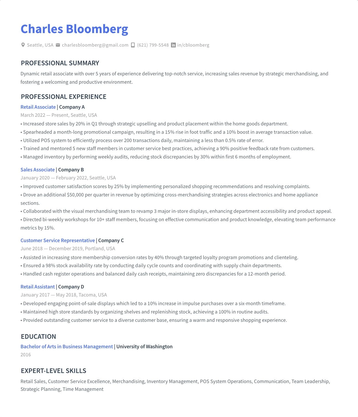 Resume of Charles Bloomberg, a retail associate with professional summary, experience in multiple companies, education from University of Washington, and expert-level skills listed.