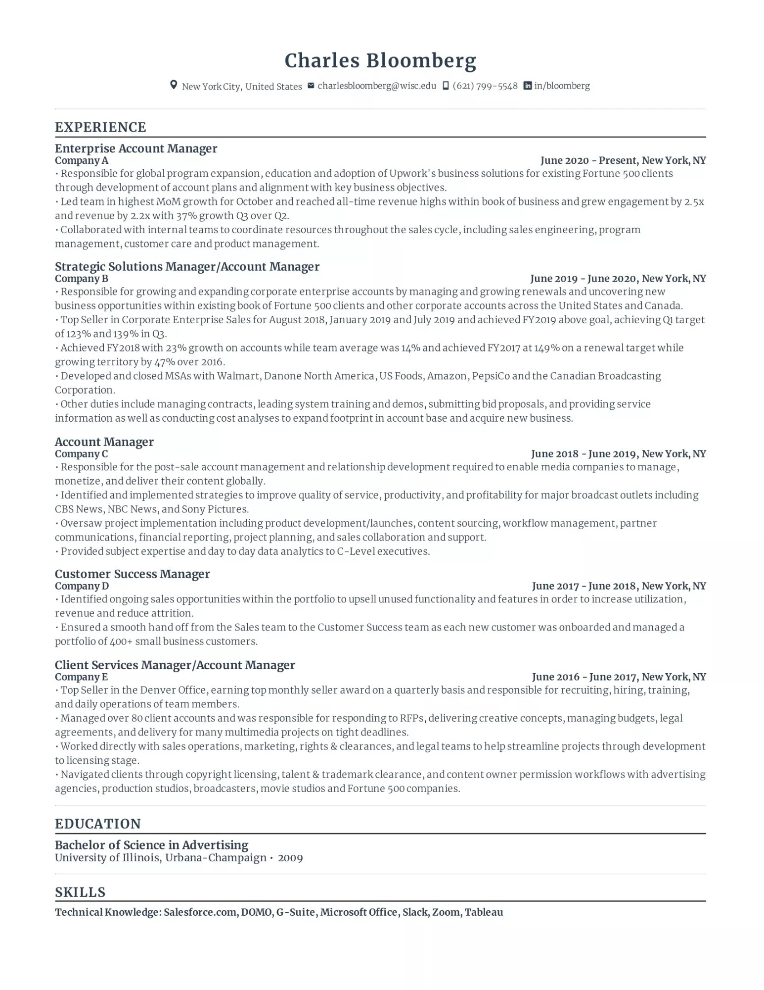 Resume of Charles Bloomberg showing experience as Enterprise Account Manager, Strategic Solutions Manager, Account Manager, Customer Success Manager, Client Services Manager, education in Advertising, and skills in Salesforce, Microsoft Office, Slack, Zoom, and Tableau.
