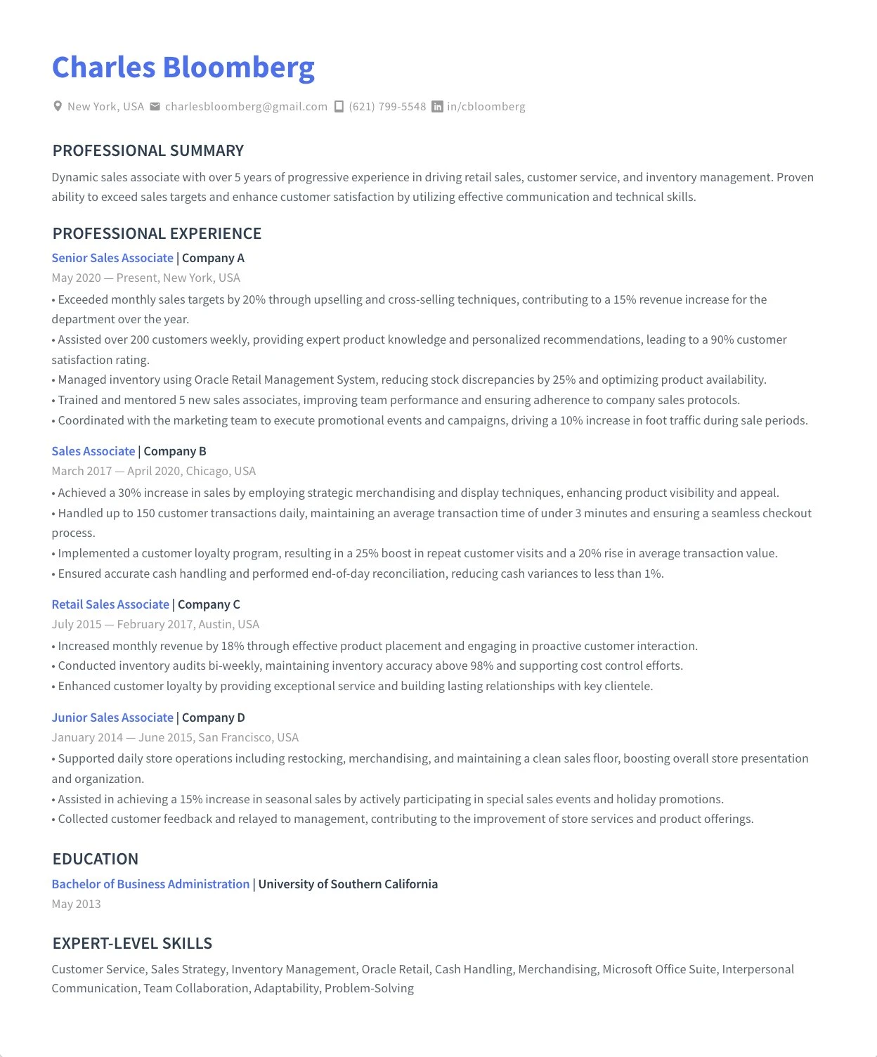 Resume of Charles Bloomberg, a sales associate with over 5 years experience, listing professional summary, work experience, education, and expert skills.