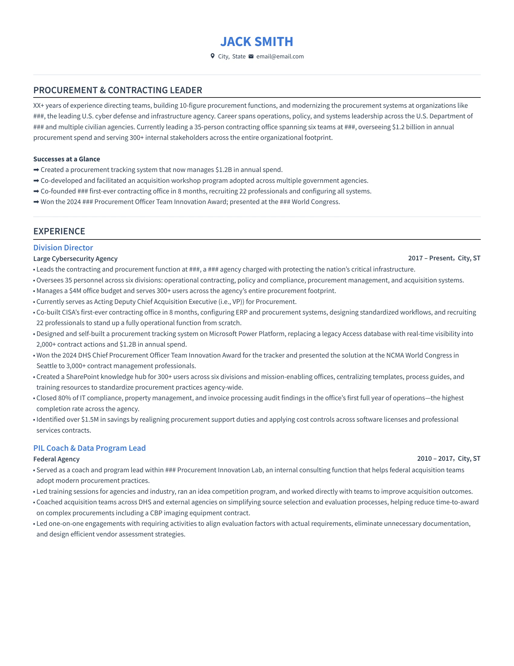 Professional resume page for Jack Smith, procurement and contracting leader, detailing experience leading contracting at a large cybersecurity agency and a federal agency with accomplishments in procurement systems and cost savings.