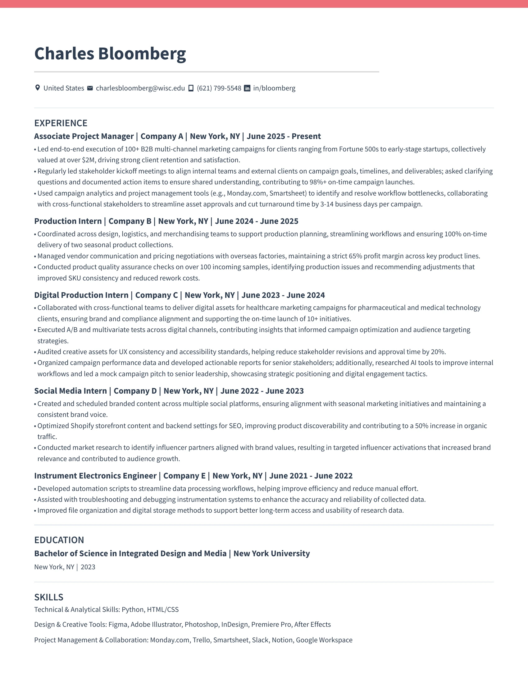 Resume of Charles Bloomberg detailing experience as Associate Project Manager, Production Intern, Digital Production Intern, Social Media Intern, and Instrument Electronics Engineer, education from New York University, and skills including Python, design tools, and project management software.
