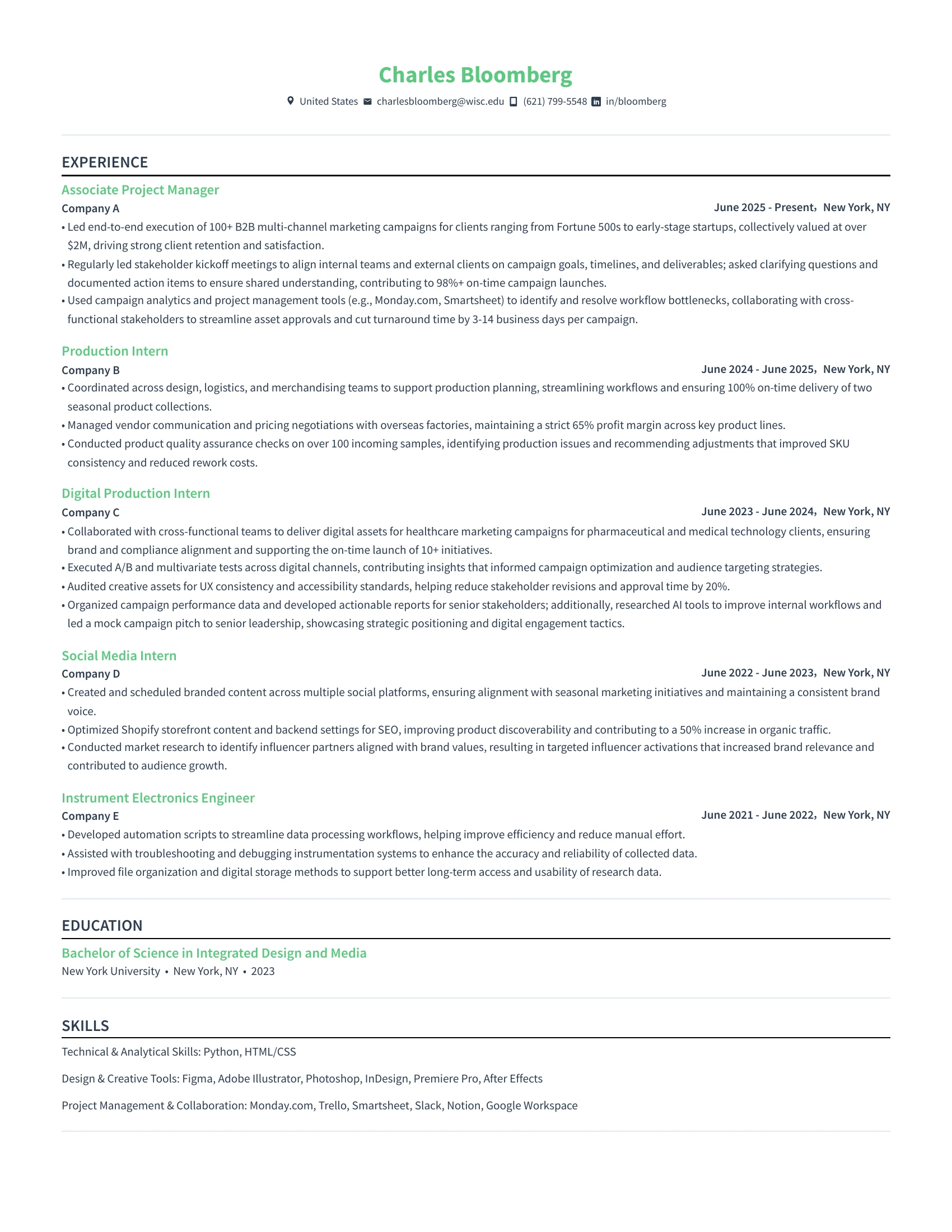 Resume of Charles Bloomberg highlighting experience as Associate Project Manager, various internships, education in Integrated Design and Media from New York University, and skills in Python, HTML/CSS, creative design tools, and project management software.