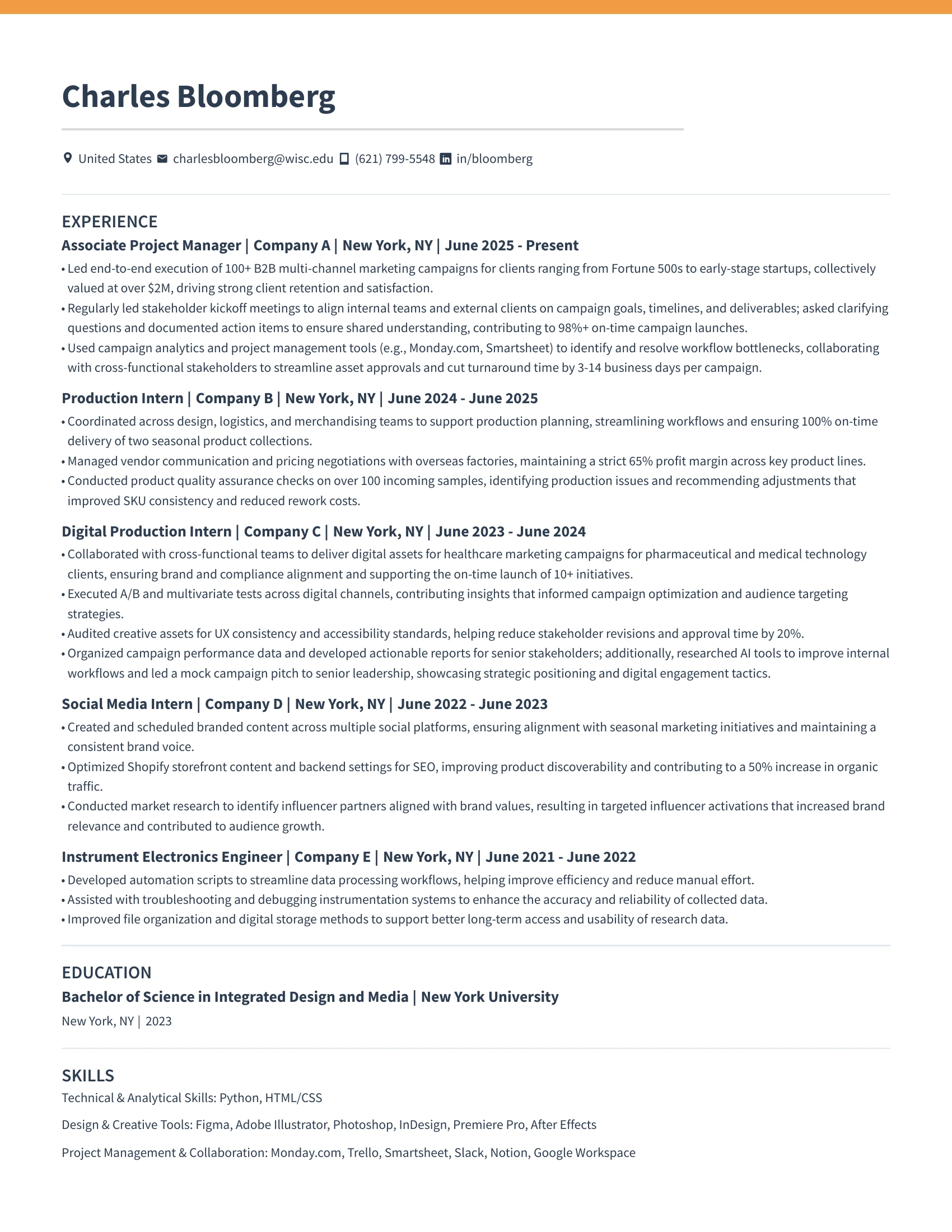 Resume of Charles Bloomberg listing contact details, experience as project manager and interns, education with a Bachelor of Science from NYU, and skills in technical, design, and project management tools.