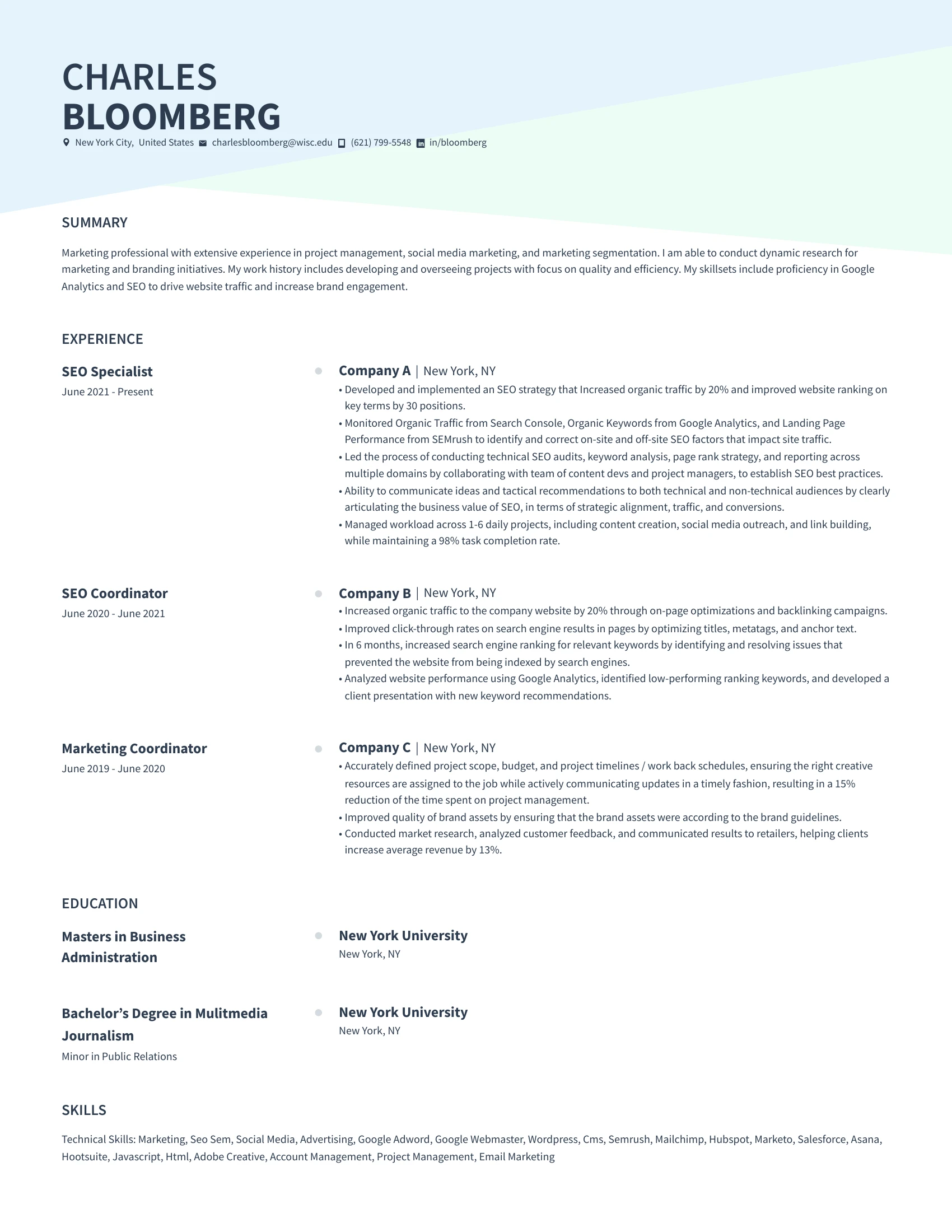 Resume of Charles Bloomberg, an SEO Specialist from New York City, detailing summary, experience in SEO roles, education at New York University, and technical skills in marketing and project management.