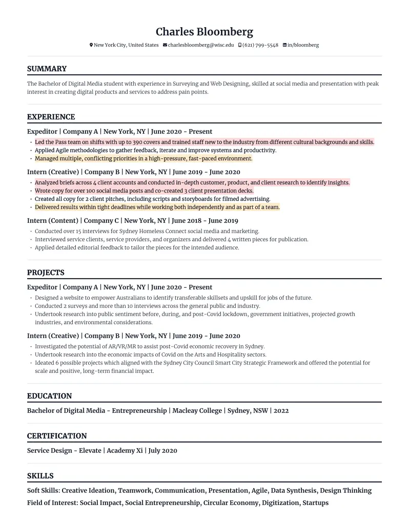 Resume of Charles Bloomberg detailing contact info, summary, experience in web designing and content creation, projects, education, certification, and skills.