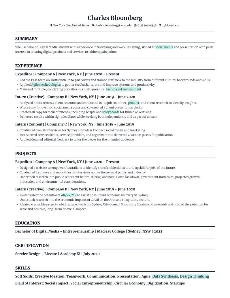 Resume of Charles Bloomberg from New York City, with summary, experience, projects, education, certification, and skills focusing on digital media, agile methodologies, social media, and design thinking.