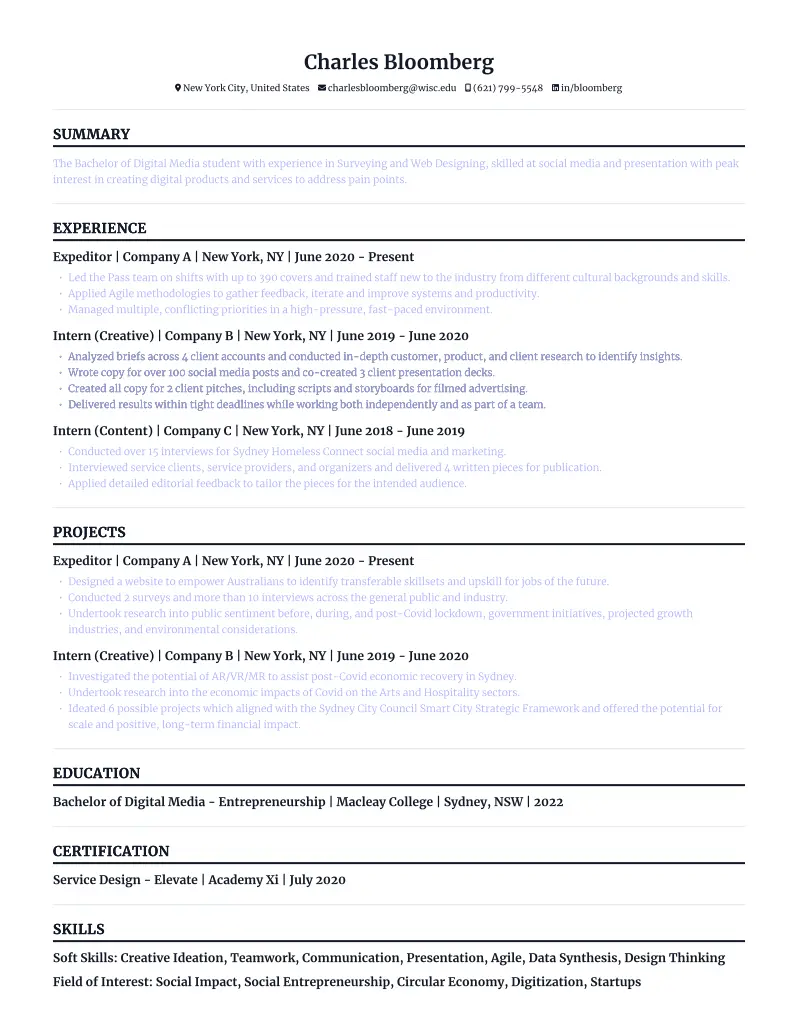 Resume of Charles Bloomberg listing contact info, summary, experience, projects, education, certification, and skills.