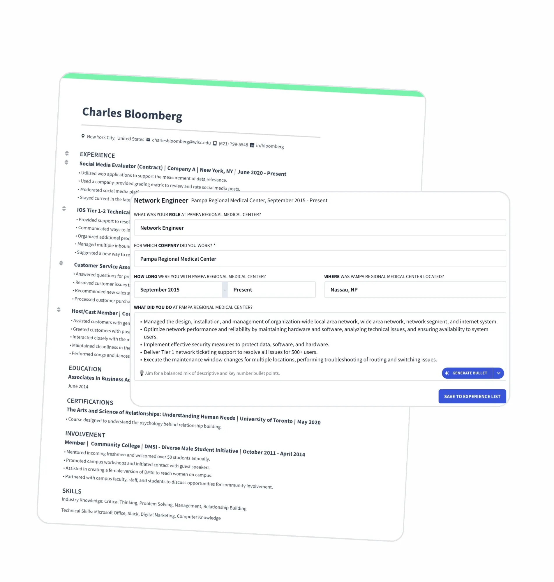 Resumatic input screen showing experience entry fields