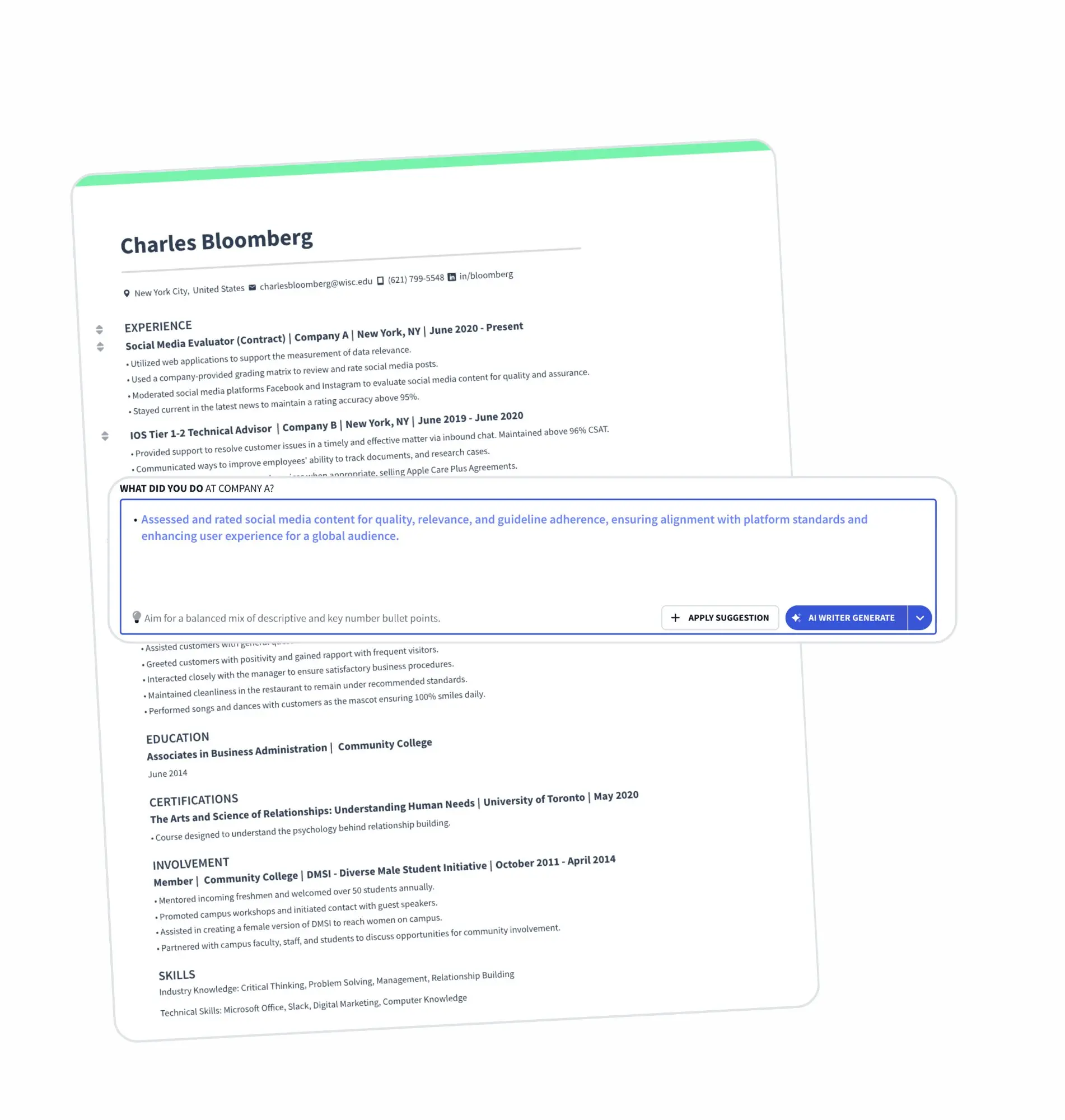 Resumatic AI generating resume content with bullet points