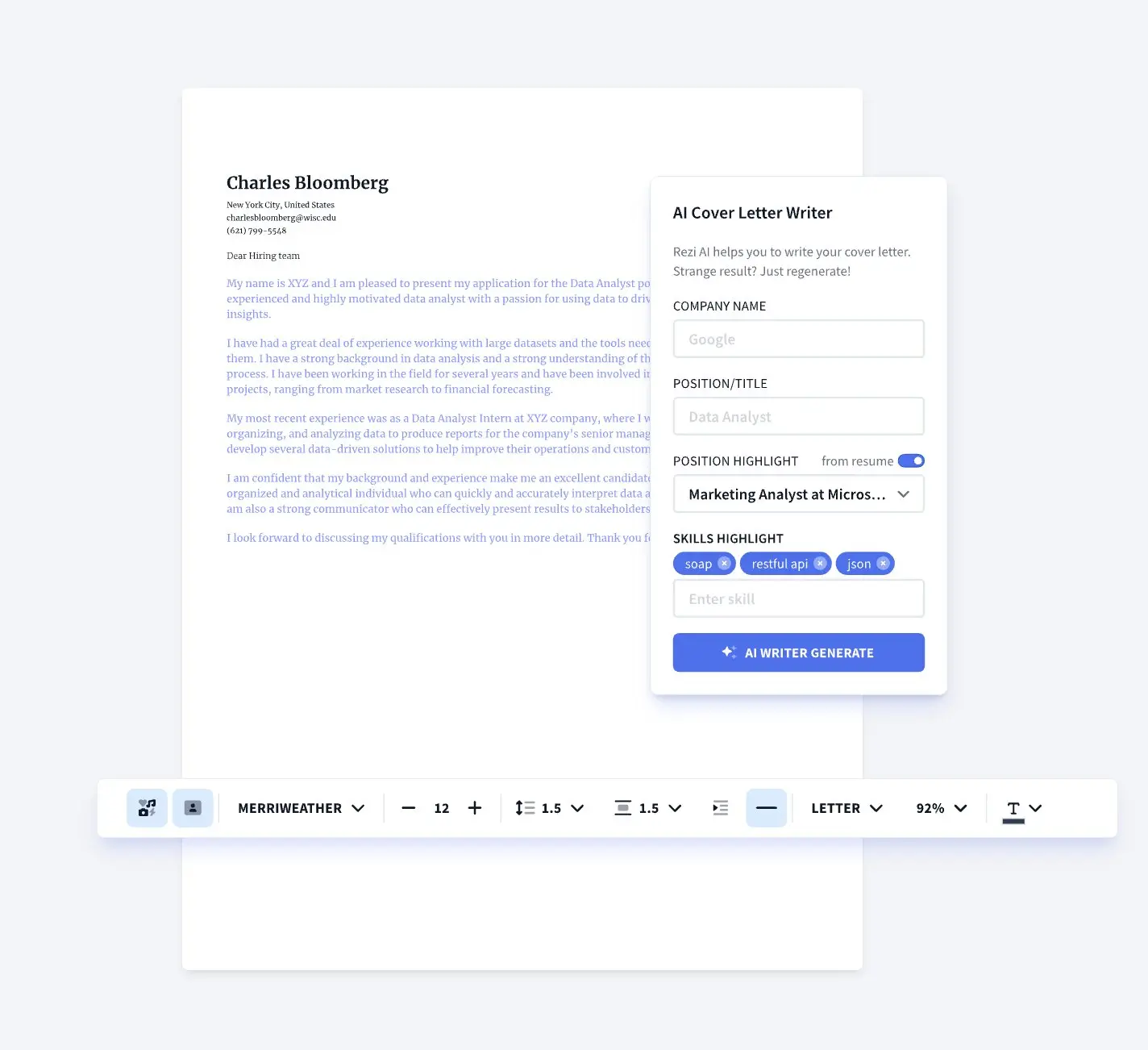 Resumatic AI cover letter generator creating a targeted cover letter