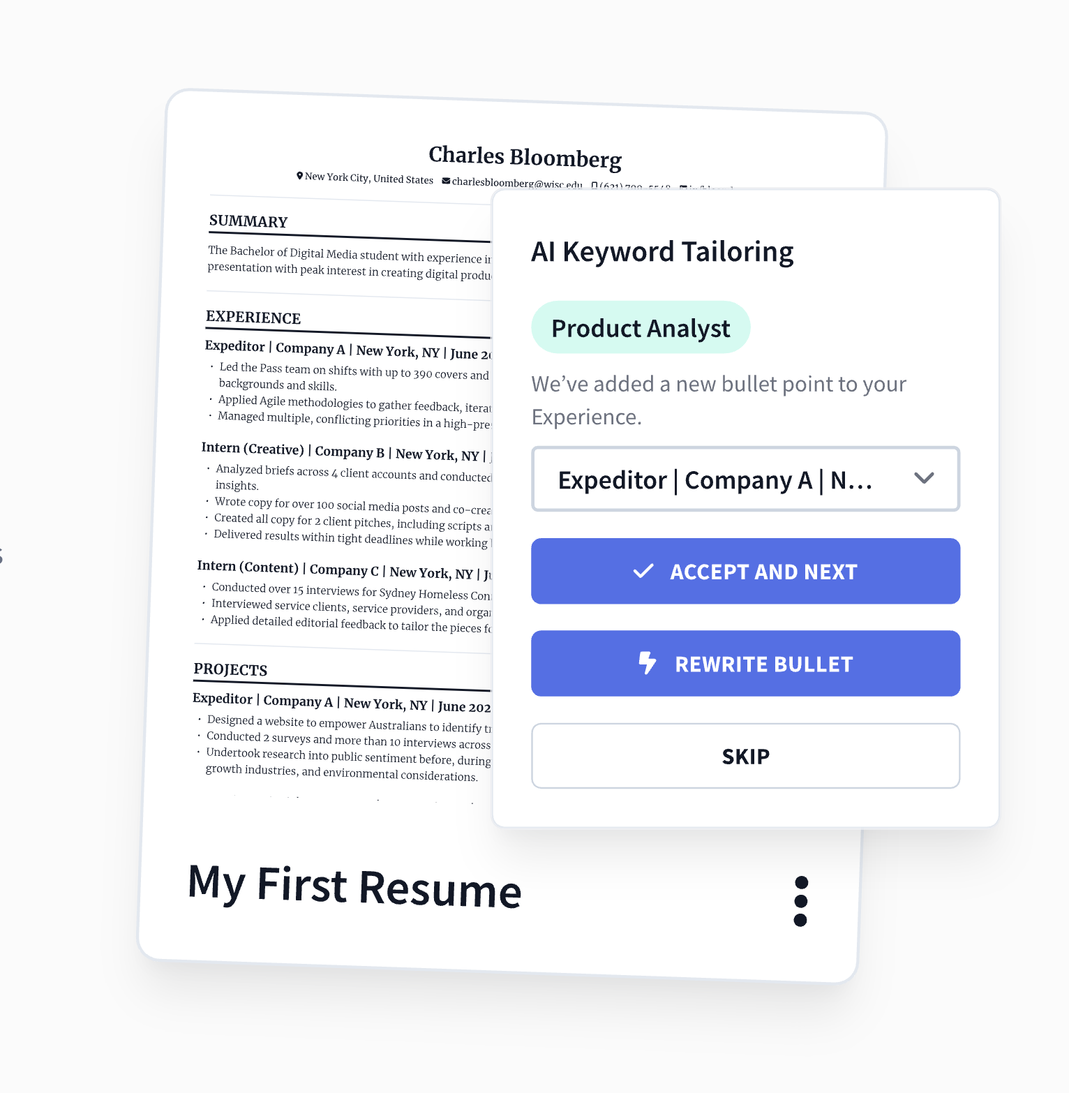Resumatic job description matching interface showing skill gaps