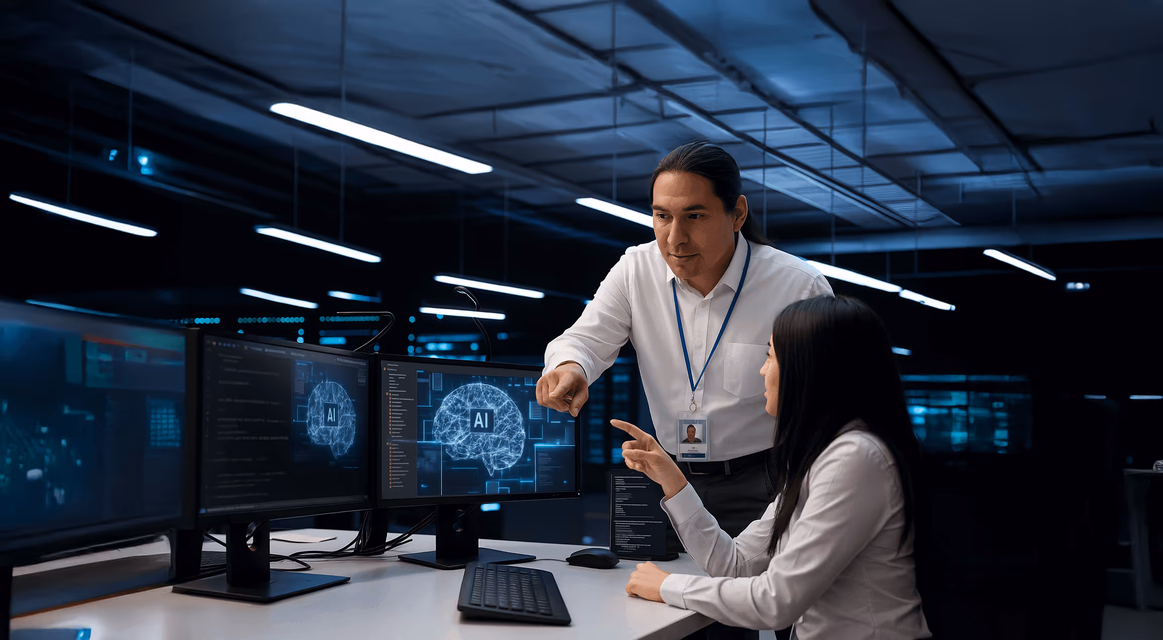Two professionals in a dimly lit office discussing AI data displayed on computer monitors.