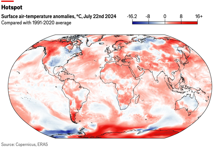 Gráfico que detalla las anomalías de la temperatura del aire en superficie en comparación con la media de 1991-2020. Datos de muestra del 22 de julio de 2024. 