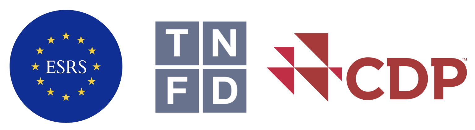 Logotipos de los principales marcos de sostenibilidad y cumplimiento: ESRS (European Sustainability Reporting Standards), TNFD (Taskforce on Nature-related Financial Disclosures) y CDP (Carbon Disclosure Project).