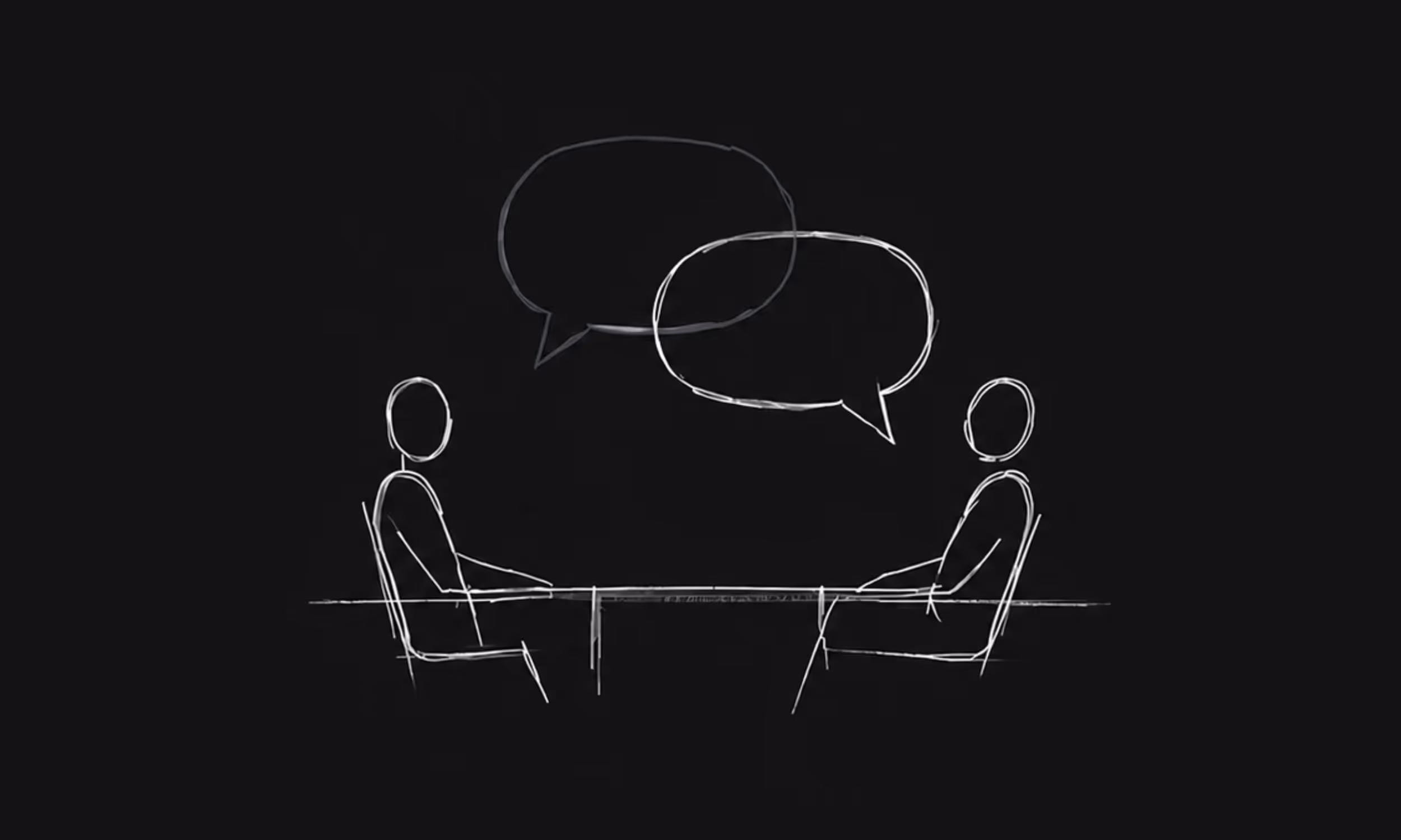 Twee eenvoudige witte lijntekeningen van mensen die aan een tafel zitten met gesprekballonnen boven hen.
