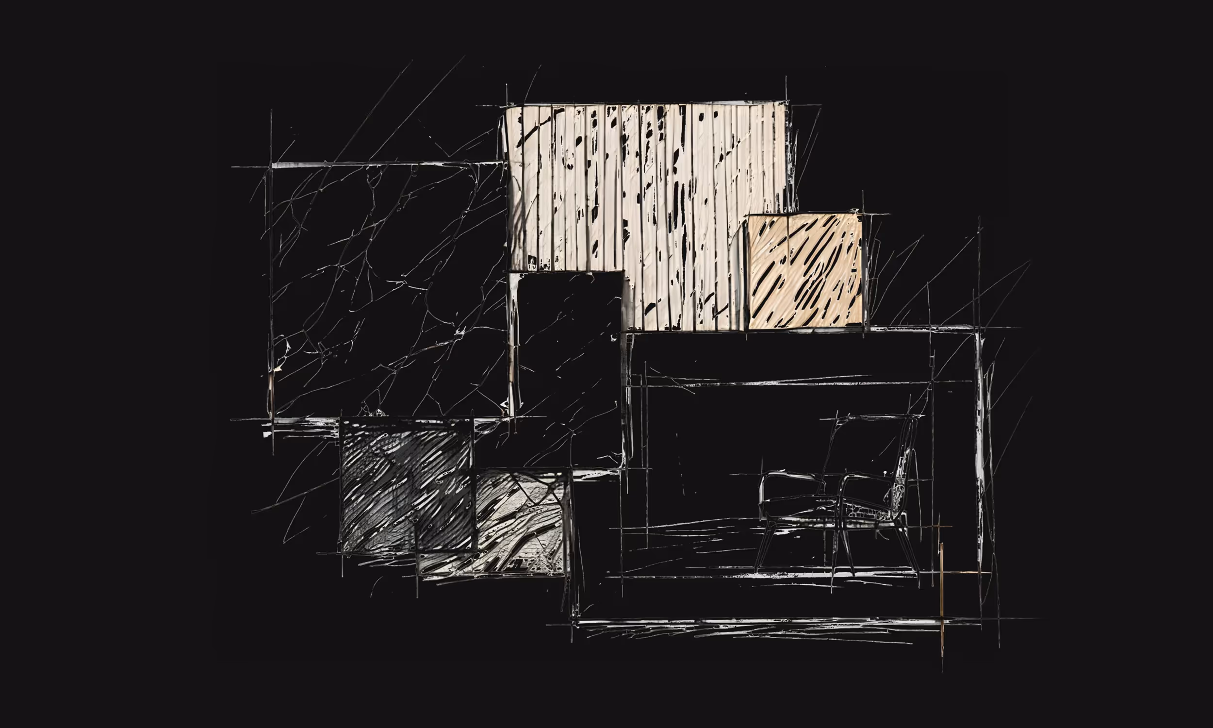 Abstract sketch of rectangles with textured patterns and an outlined chair on black background.