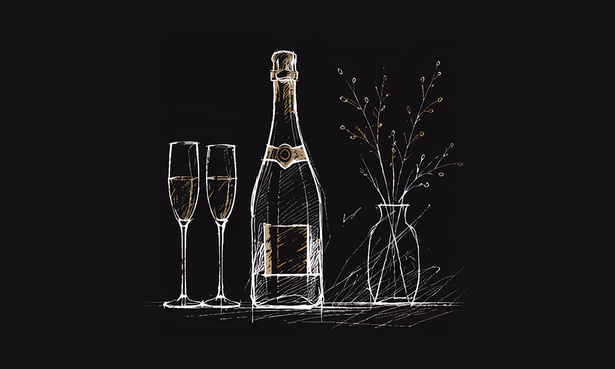 Getekende fles champagne met twee glazen en een vaas met takken op een donkere achtergrond.