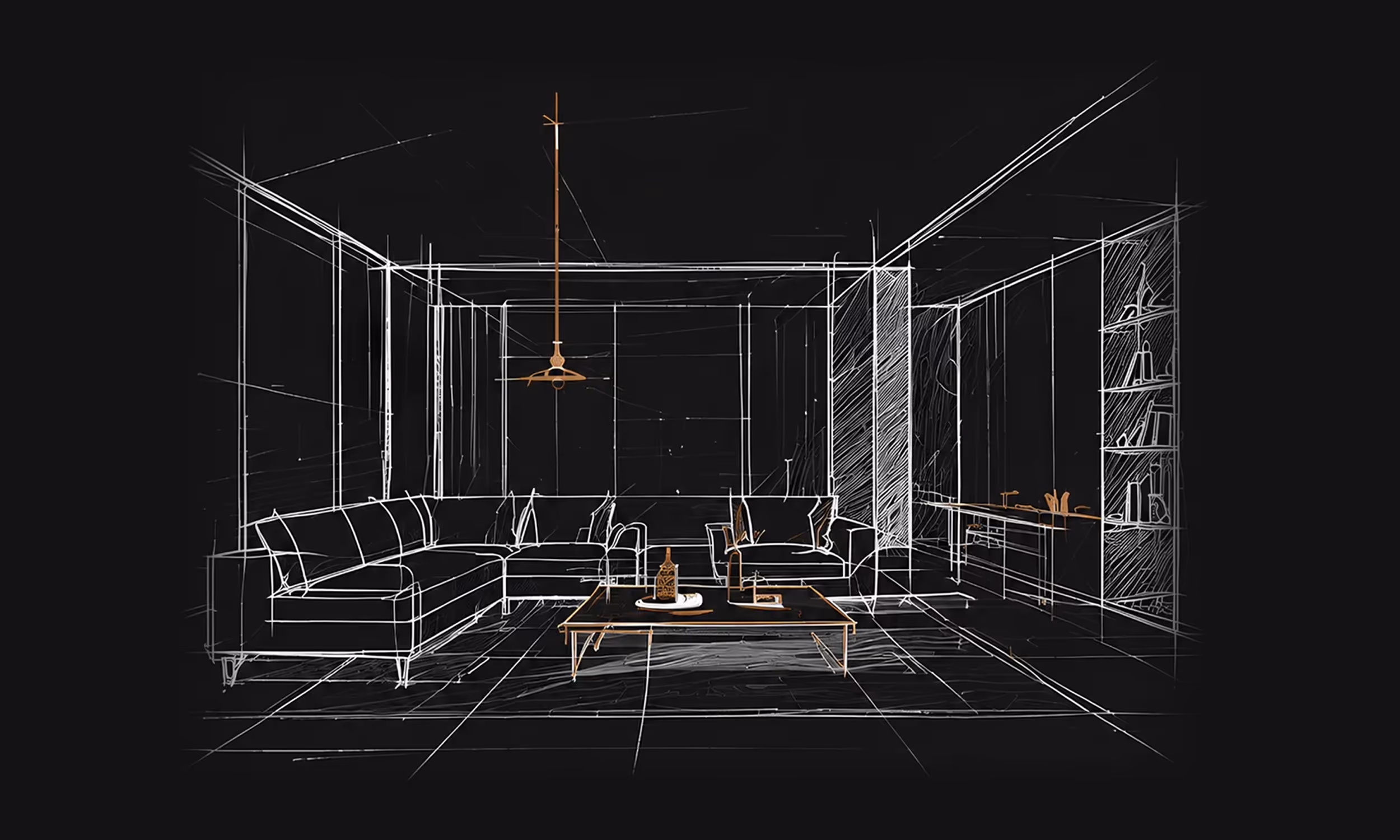 Schets van een moderne woonkamer met hoekbank, salontafel, hanglamp en ingebouwde planken.