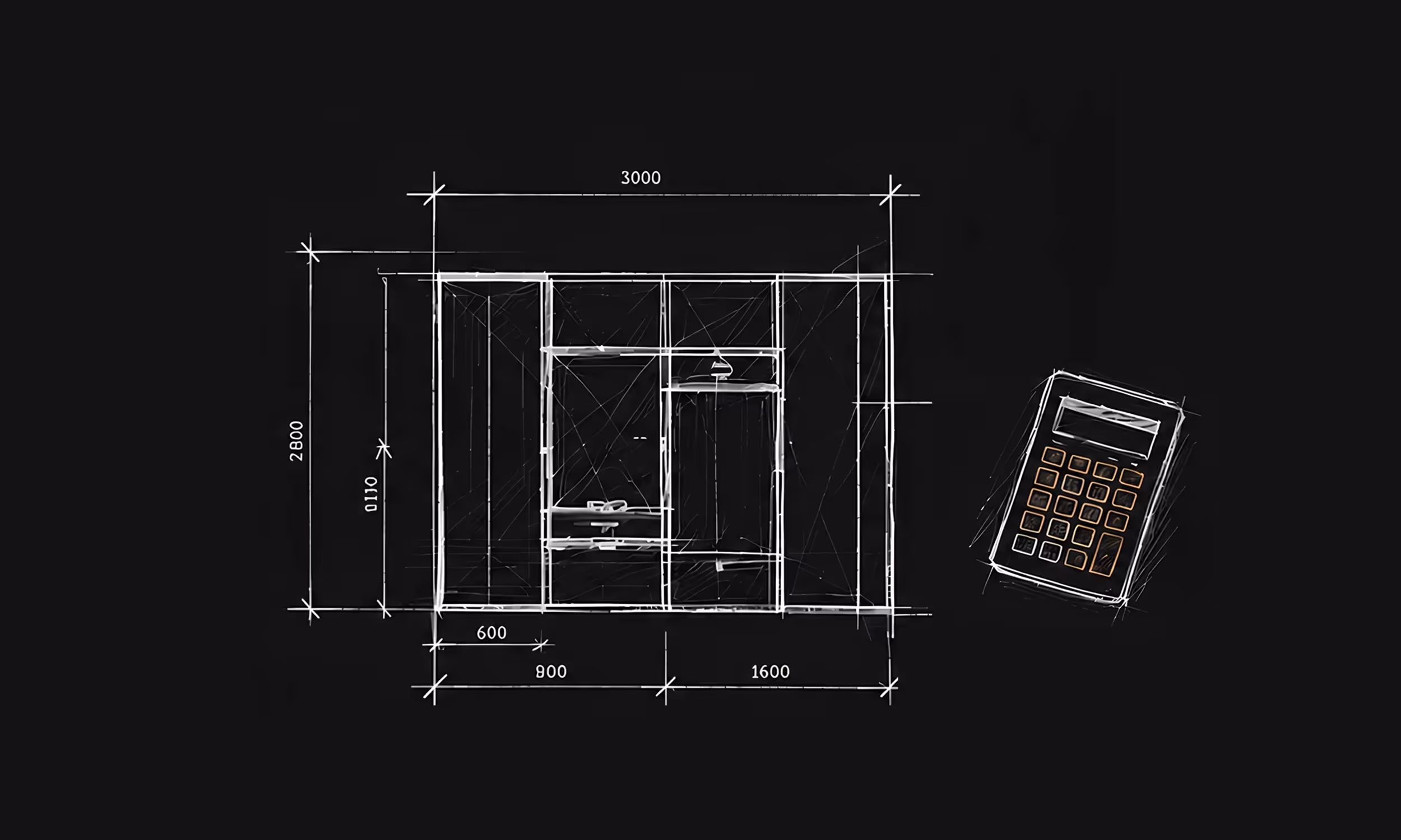 Technische tekening van kastindeling met afmetingen en een rekenmachine naast de tekening.