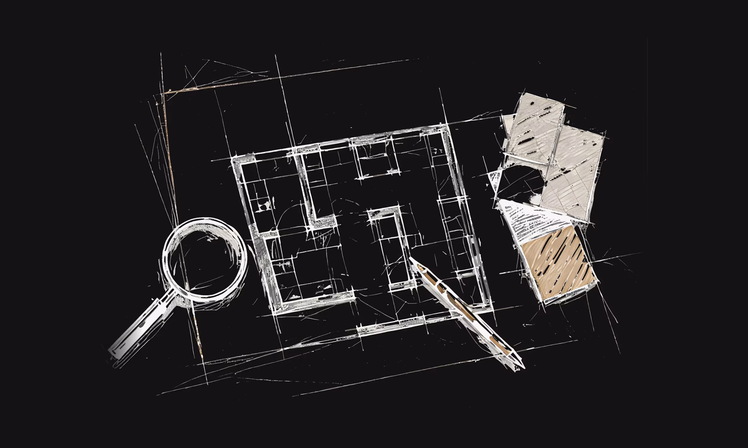 Architecturale schets van een plattegrond met een vergrootglas, potlood en stalen monsters op een zwarte achtergrond.