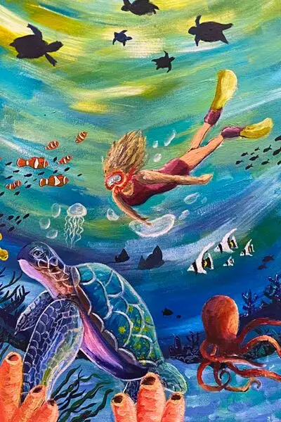 Colorful underwater scene showing a snorkeler surrounded by sea turtles, clownfish, an octopus, and various marine life.