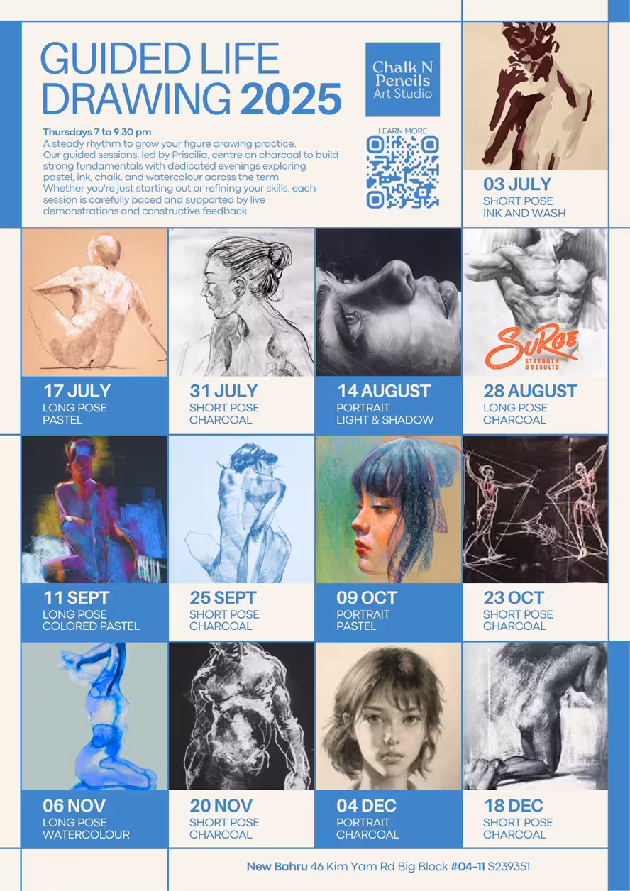 Schedule poster for Guided Life Drawing 2025 at Chalk N Pencils Art Studio showing dates, pose types, and medium with example drawings.