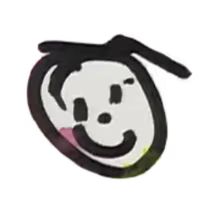 Simple black and white hand-drawn smiling face with short hair and round eyes.