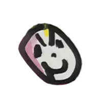 Abstract, smiling face drawn with black, yellow, and pink brushstrokes on a white background.