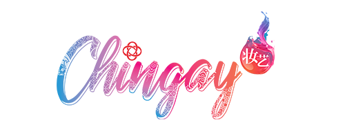 Colorful stylized text logo with gradient hues of blue, purple, red, and orange, featuring intricate white patterns and a circular emblem with Asian characters and blue flames above it.